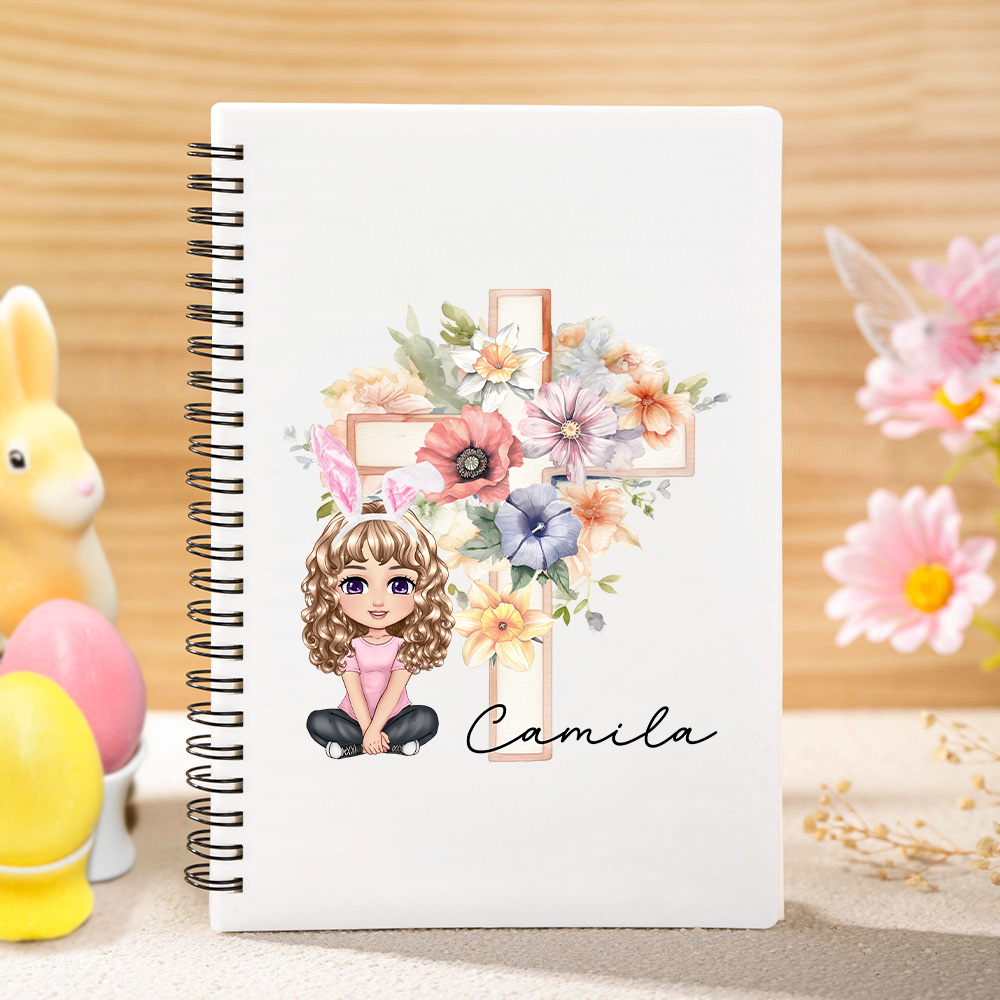 Cahier de notes à spirales personnalisé avec personnage de dessin animé, croix, fleur de naissance, nom, pour la fête de Pâques, cadeau de rentrée pour les garçons et les filles.
