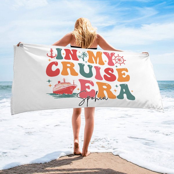 Personalized In My Cruise Era Oversized Beach Towel with Name Super Absorbent Cruise Travel Summer Vacation Birthday Gift for Family Friends
