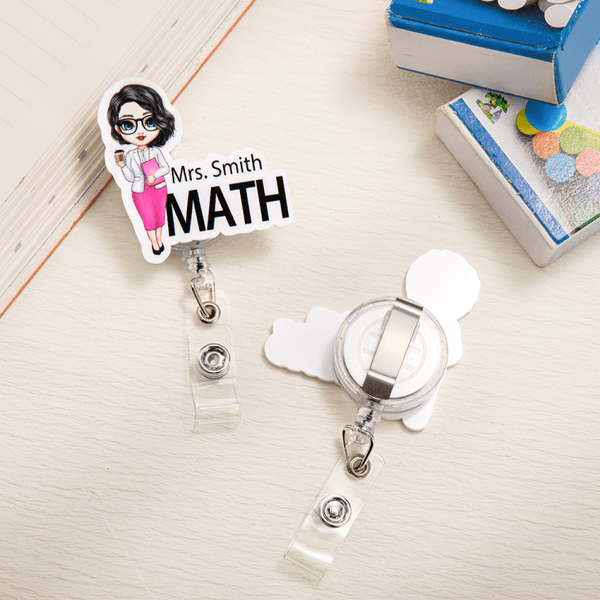 Personalised Cute Cartoon Character Acrylic Retractable Badge Reel with Name and Subject Back to School Teacher's Day Birthday Gift for Teachers