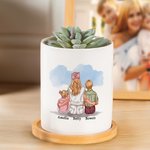 Personalized Watercolor Family Embrace Ceramic Plant Pot with Bamboo Base and Text Home Decor Mother's Day Birthday Gift for Mom