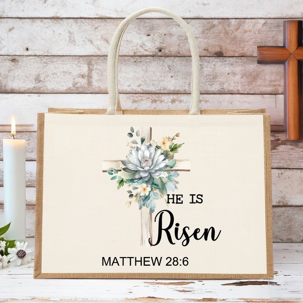 Personalised He Is Risen Bible Verse Cross Birth Flower Large Reusable Tote Bag with Text Easter Church  Religious Gift for Women Christian