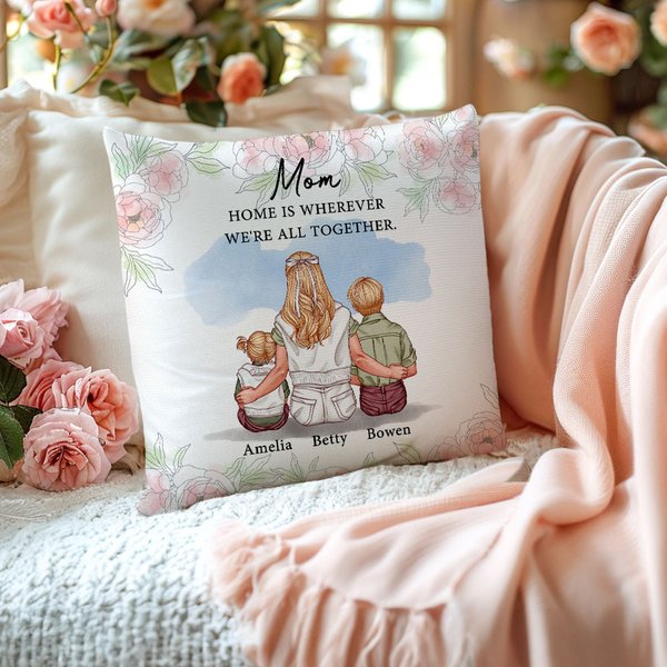 Personalized Flower Watercolor Young Mom and Kid Soft Throw Pillow Cover with Names Home Decor Birthday Mother's Day Gift for Mom