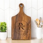Personalized Engraved Wreath Monogram Design Wood Charcuterie Cutting Board with Handle Made in USA Wedding Housewarming Gift for Couple Family