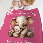 Personalized Cute Elephant Rabbit Animal Design Soft Throw Blanket with Name and Year 1st Mother's Day Home Decor Birthday Gift for Kid Mom