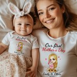 Personalized Mom Hugs Baby 100% Cotton Baby Bodysuit Matching T-shirt with Names and Date First Mother's Day Gift for Newborn New Mom