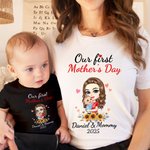 Personalized Mom Hugs Baby 100% Cotton Baby Bodysuit Matching T-shirt with Names and Date First Mother's Day Gift for Newborn New Mom