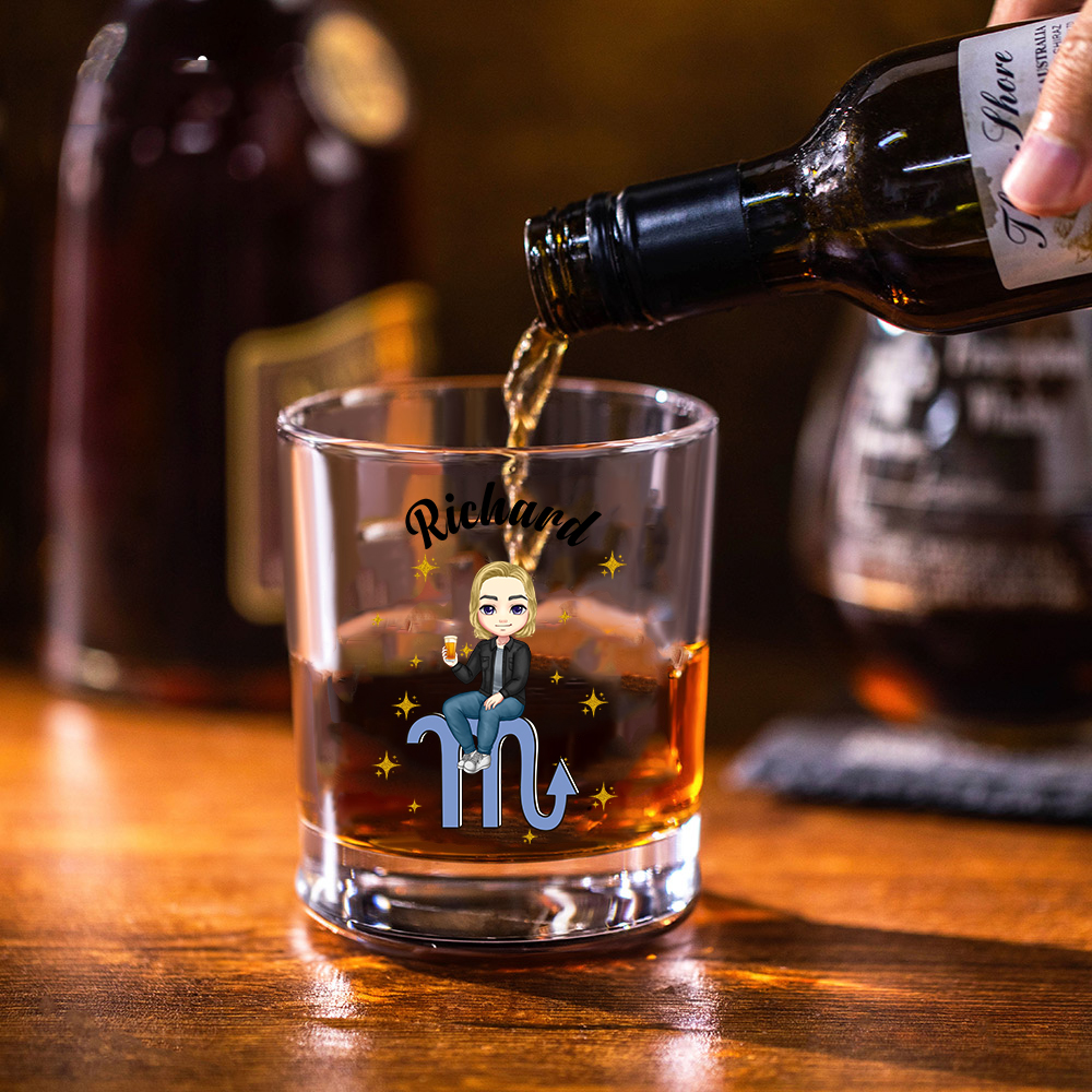 Verre à Whisky 295 ml Personnalisé avec Nom Personnage et Signe Astrologique Cadeau Anniversaire Fête des Pères Mères pour Femme Homme Couple