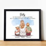 Personalized Mother and 1-3 Children Cartoon Character Electronic File Paper Framed Painting with Names Home Decor Mother's Day Birthday Gift for Mom