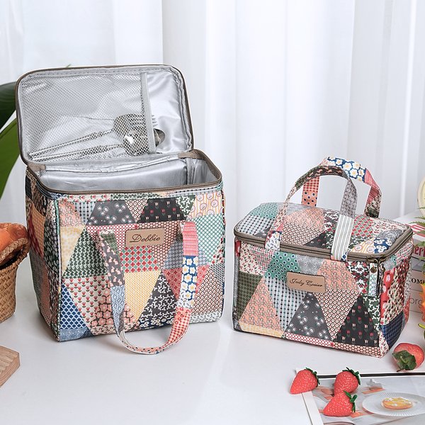 Personalised Old School Patchwork Insulated Lunch Bag with Engraved Name Portable Back to School Work Picnic Accessories Gift for Teachers Students