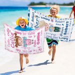 Personalized Cute Cartoon Word Cloud Patterned Quick Dry Oversized Microfiber Beach Towel Summer Travel Essentials Birthday Gift for Boys Girls