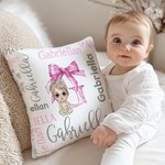Personalized Cute Cartoon Baby Bow Initial Soft Throw Pillow Cover with Name Home Decor Baby Shower Gift for Newborn New Mom