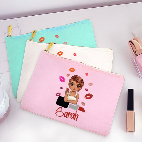 Personalizzato rossetto Cartoon Fashion Girl Multicolore Canvas Makeup Bag con nome Portable Travel Essentials Birthday Bridesmaid Gift per le donne