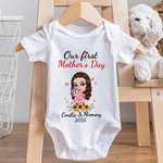 Personalized Mom Hugs Baby 100% Cotton Baby Bodysuit Matching T-shirt with Names and Date First Mother's Day Gift for Newborn New Mom