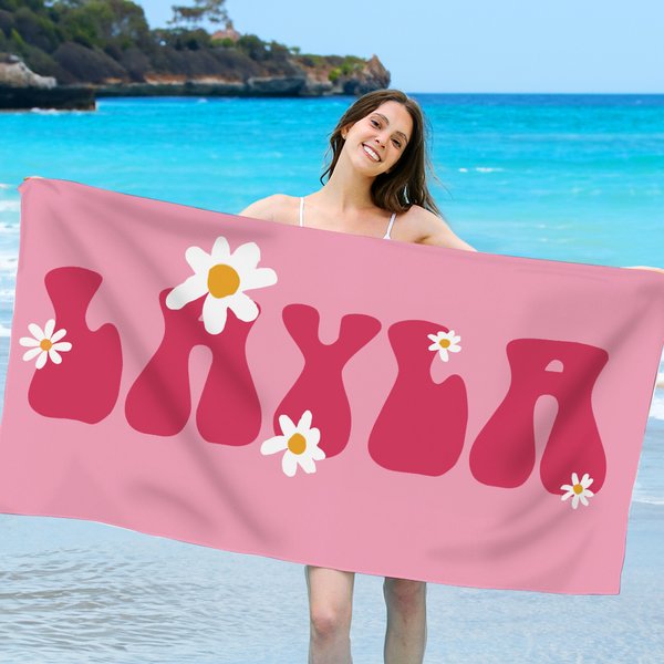 Daisy Flower Beach Towel with Name Multicolor