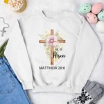 Personalized He Is Risen Bible Verse Jesus Sweatshirt with Cross and Birth Flower Religious Easter Christmas Gift for Kid Adult Christian