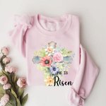 Personalized He Is Risen Bible Verse Jesus Sweatshirt with Cross and Birth Flower Religious Easter Christmas Gift for Kid Adult Christian