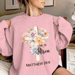 Personalized He Is Risen Bible Verse Jesus Sweatshirt with Cross and Birth Flower Religious Easter Christmas Gift for Kid Adult Christian