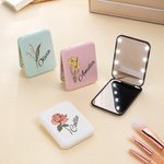 Personalized Portable Birth Flower Double-Sided Makeup Mirror with LED Light Birthday Bridesmaid Gift for Women Girls