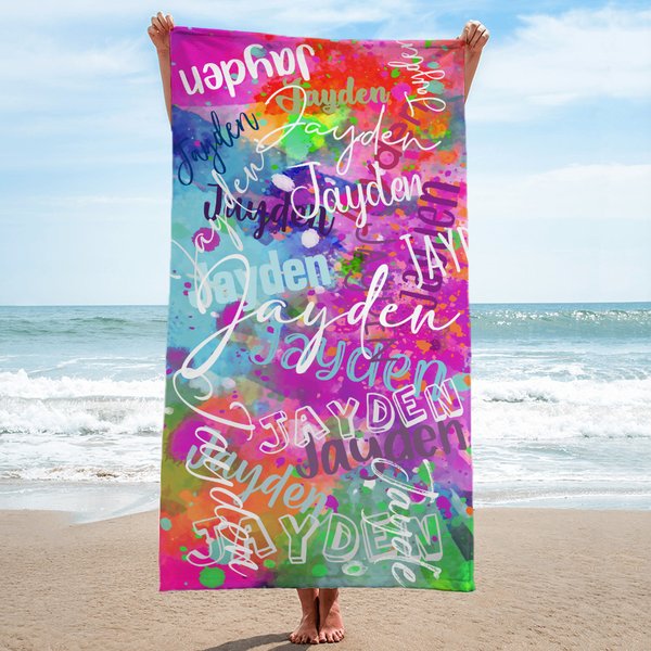 Personalised Art Tie-dye Graffiti Name Cloud Quick Dry Oversized Microfiber Beach Towel Holiday Travel Essential Birthday Gift for Family Friends