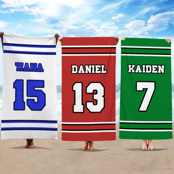 Toalla de playa personalizada de gran tamaño con nombre y número esencial para la playa regalo de cumpleaños para los amantes del deporte