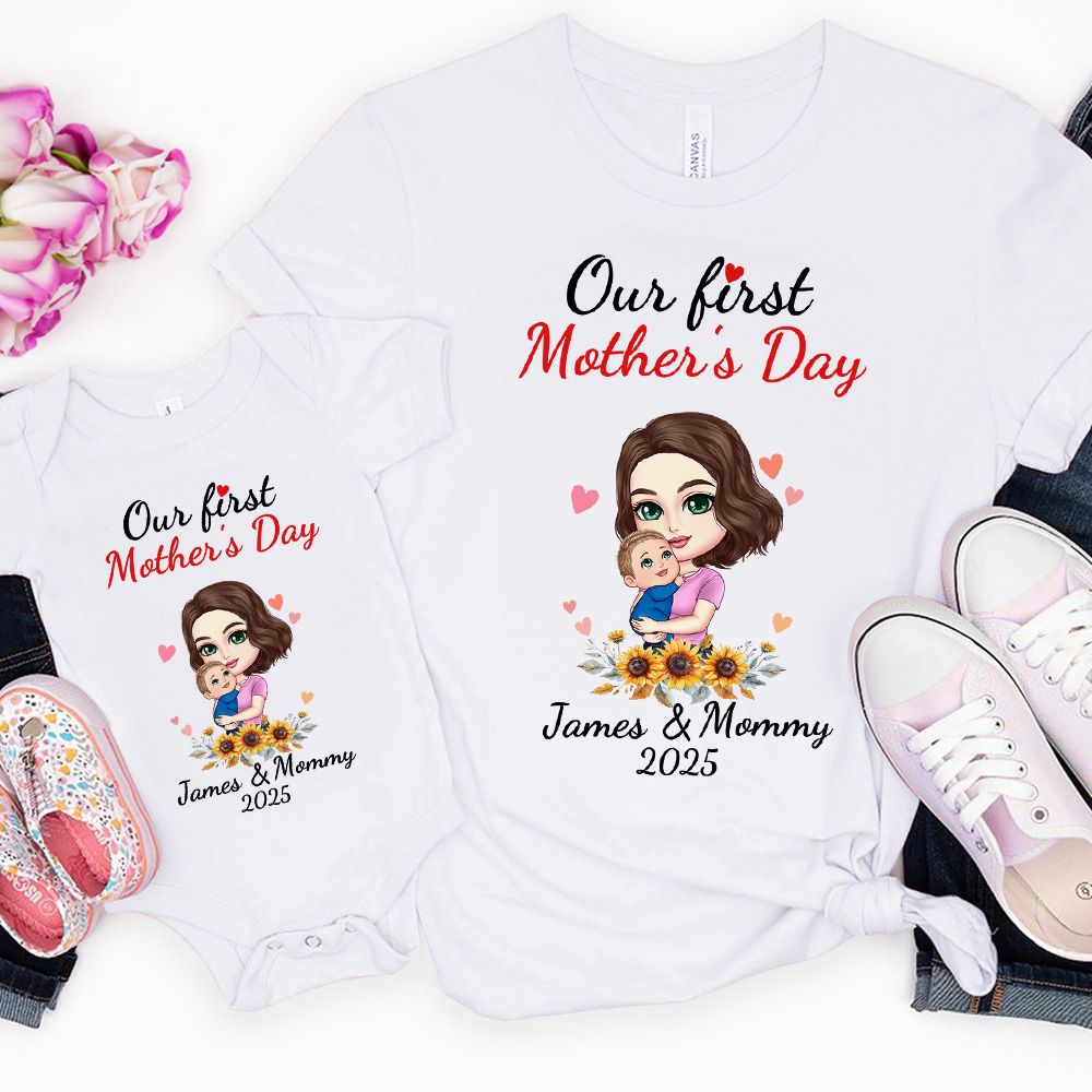 T-shirt assorti avec nom et date Cadeau de fête des mères pour nouveau-né Nouvelle maman