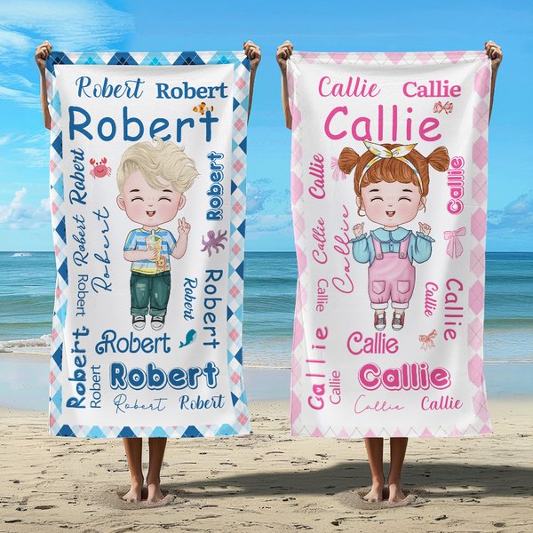 Personalized Cute Cartoon Word Cloud Patterned Quick Dry Oversized Microfiber Beach Towel Summer Travel Essentials Birthday Gift for Boys Girls