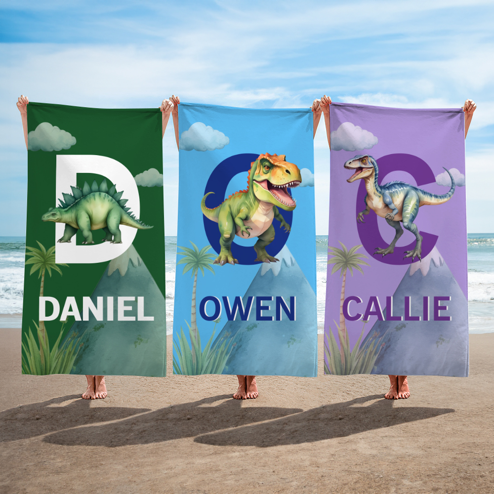 Serviette de Plage Personnalisée avec Dinosaure Mignon et Nom Accessoire Séchage Rapide Cadeau Anniversaire Voyage pour Enfant