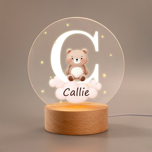 Personoitu LED yövalo tähti pilvi eläinteema puupohja lastenhuone sisustus syntymäpäivälahja baby shower lahja