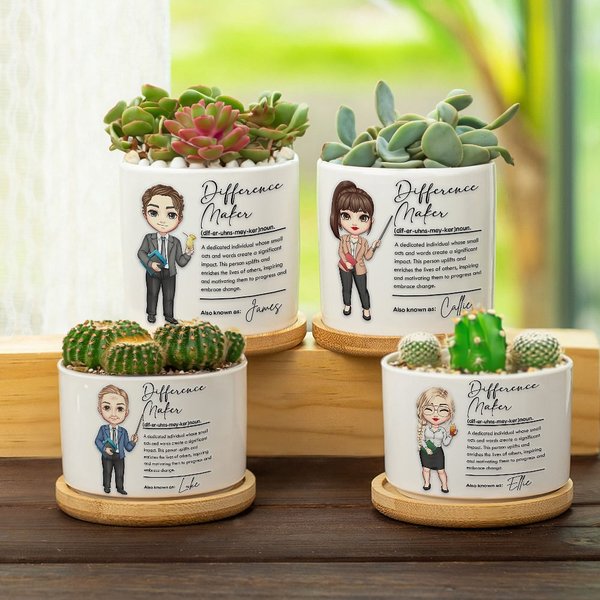 Henkilökohtainen Difference Maker Cartoon Teacher Character Keraaminen kasvi Potti salaojitus ja bambu pohja Opettajan päivä arvostus lahja opettajalle