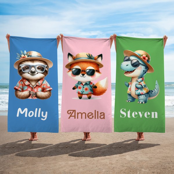 Personalized Multicolor Hawaiian Theme Cartoon Animal Quick Dry Microfiber Beach Towel with Name Summer Travel Essential Gift for Boys Girls