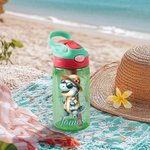 Personalized Hawaiian Theme Cartoon Animal Character 16 oz Kid Water Bottle with Straw and Spill-Proof Lid Back to School Birthday Gift for Girls Boys