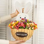 Coniglietto pasquale personalizzato con cesto di fiori in legno Decorazione della porta per il cortile Decorazione del portico in fattoria