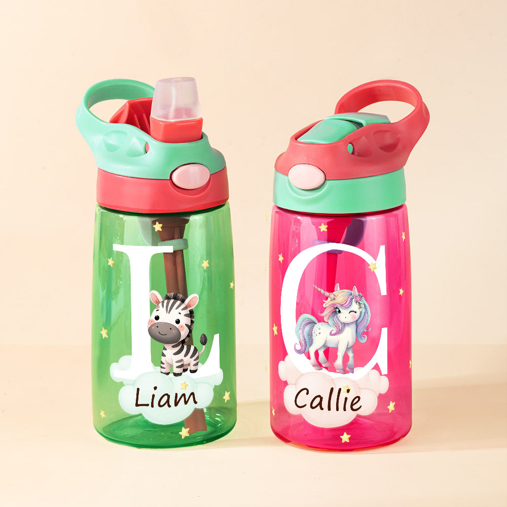 Gourde 475 ml Personnalisable avec Nom Initiale et  Motif d'Animal Bouteille avec Paille Sans BPA Cadeau Anniversaire Scolaire pour Enfant