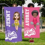 Henkilökohtainen monivärinen Cheer Horn sarjakuva tyttö nopea kuivua ylisuuri rantapyyhe nimi syntymäpäivä Beach Party lahja Cheerleaders tytöt