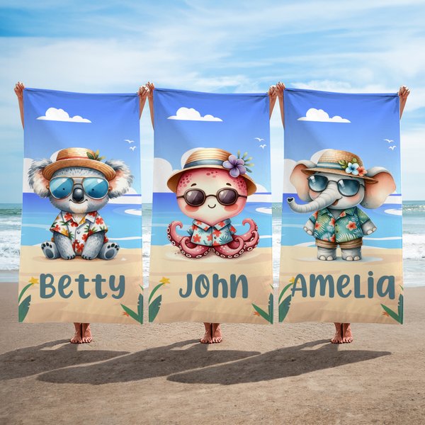 Personalised Hawaiian Cartoon Animal Quick Dry Microfiber Beach Towel with Name Summer Travel Essential Gift for Boys Girls