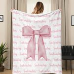 Personalized Girly Pink Coquette Bow Soft Throw Blanket with Repeating Names Trendy Home Decor Birthday Gift for Women Girls