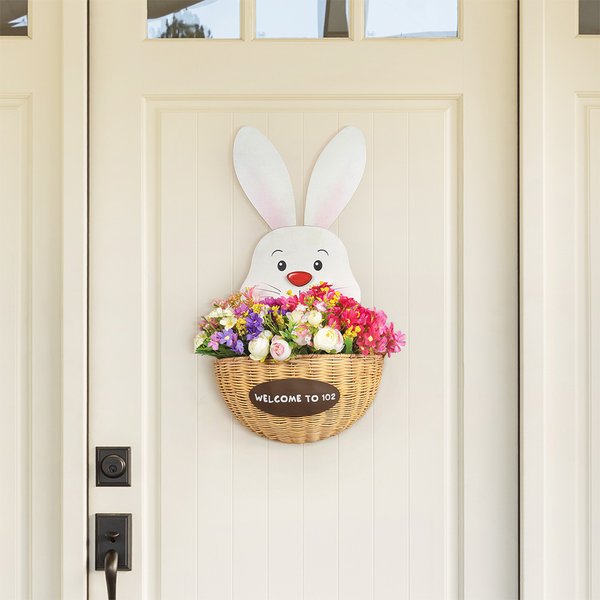 Coniglietto pasquale personalizzato con cesto di fiori in legno Decorazione della porta per il cortile Decorazione del portico in fattoria