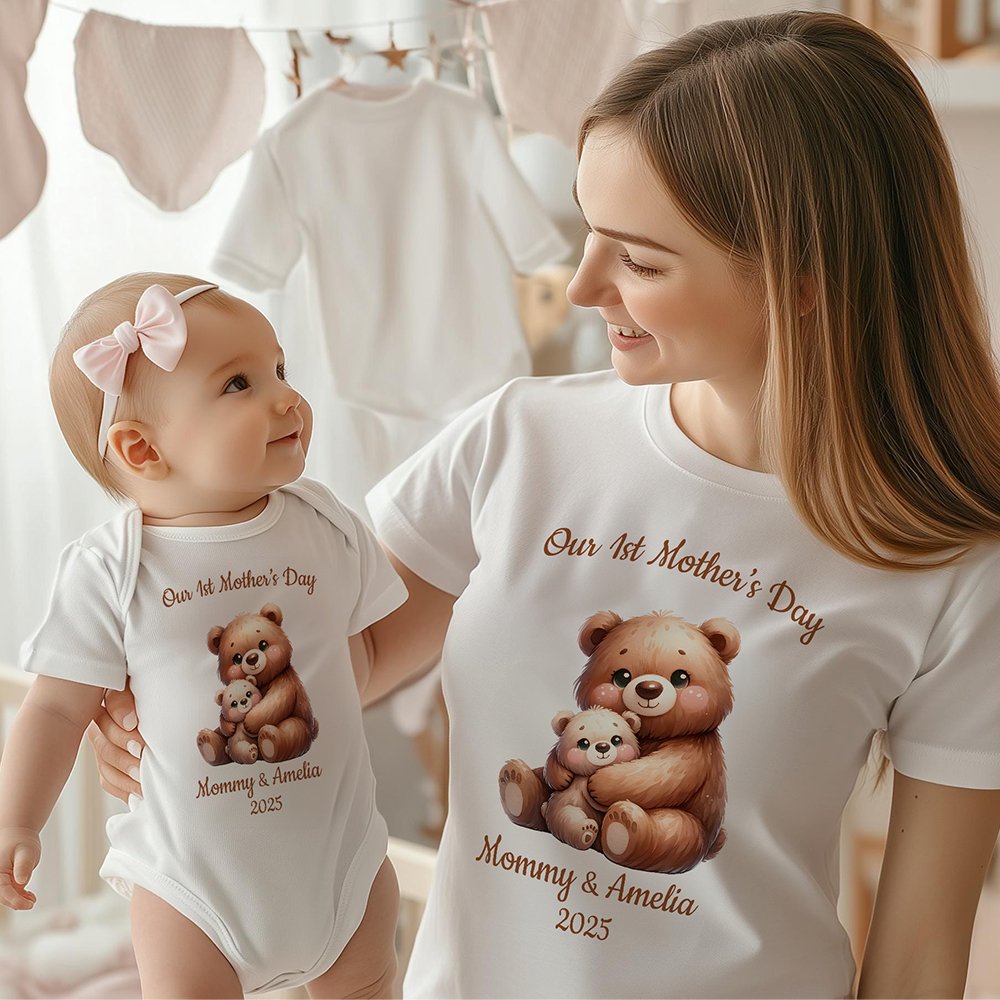 Personalizzato Design animale carino La nostra prima festa della mamma 100% cotone Baby Bodysuit Maglietta per adulti con nome