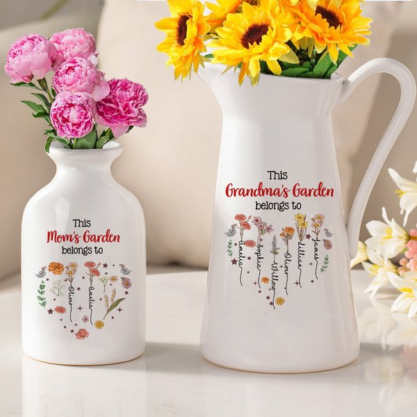 Personalized This Mama Belongs To Heart Birth Flower Ceramic Vase with 1-12 Names Home Decor Mother's Day Birthday Gift for Mom Grandma