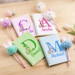 Personalized Easter Bunny Costume Character Eggs A5 Lined Page Spiral Notebook and Pom Pom Pen Set with Name Easter Party Favor Gift for Boys Girls