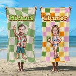 Personalized Retro Checkered Face Photo Cartoon Quick Dry Microfiber Beach Towel with Name Summer Vacation Party Gift for Family Friend