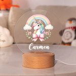 Luz nocturna LED personalizada de unicornio con base de madera y nombre decoración para habitación regalo de cumpleaños o baby shower para niñas