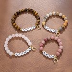 Personalized Lucky Horseshoe Natural Gemstones Beaded Bracelet with Name and Elastic Cord Birthday Anniversary Gift for Horse Lovers Equestrians