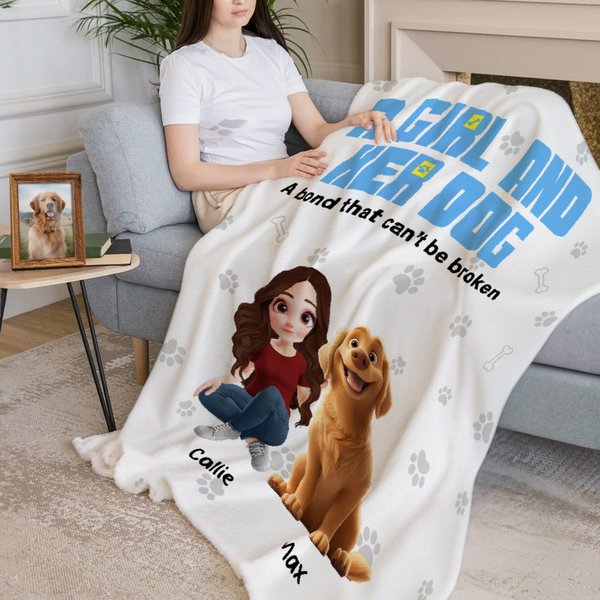 Personalised A Girl and Her Dogs Have Unbreakable Bond 3D Cartoon Design Soft Throw Blanket with Name Home Decor Birthday Gift for Pet Lovers