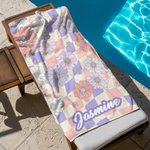 Personalized Oversized Quick Dry Retro Colourful Daisy Beach Towel with Name Birthday Summer Vacation Party Gift for Her