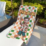 Personalized Retro Checkered Face Photo Cartoon Quick Dry Microfiber Beach Towel with Name Summer Vacation Party Gift for Family Friend
