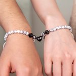 Personalized Photo Projection Beaded Elastic Bracelet Set of 2 with Engraved Initial Birthday Valentine's Day Anniversary Gift for Couples Friends