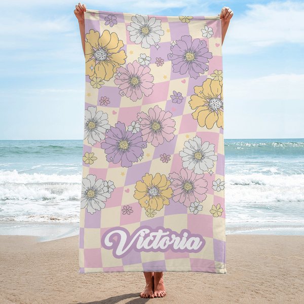 Personalisierte überdimensionale schnell trocknende Retro bunte Gänseblümchen Strandtuch mit Namen Geburtstag Sommer Urlaub Party Geschenk für sie