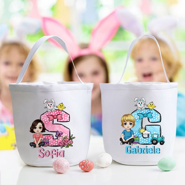 Borsa a secchiello personalizzata con personaggio coniglietto pulcino  nome e iniziale contenitore delle caramelle regalo di Pasqua per bambini