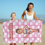 Personalized Retro Checkered Face Photo Cartoon Quick Dry Microfiber Beach Towel with Name Summer Vacation Party Gift for Family Friend